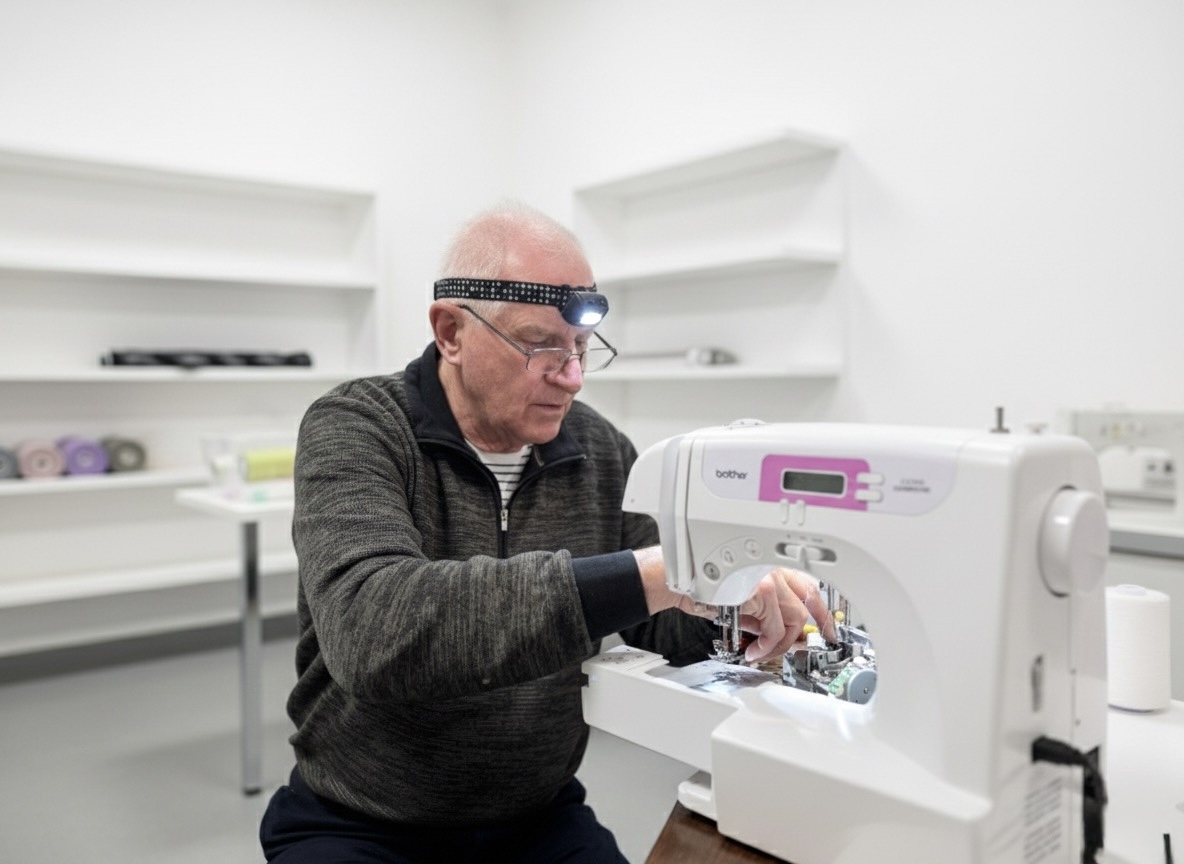 Georg Hermann bei der Reparatur einer Nähmaschine in Bielefeld